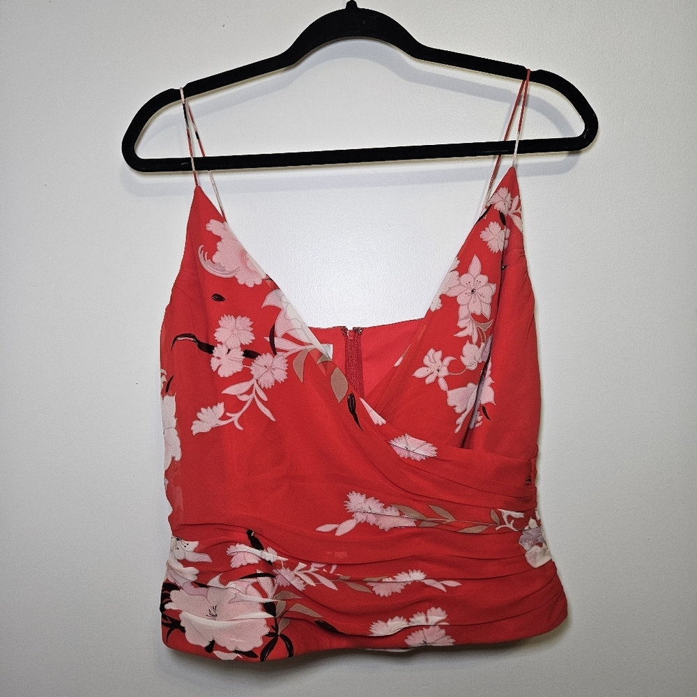 Kay Unger Red Floral Spaghetti Strap Wrap-Front Cami